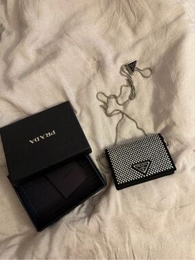 Prada Black Crystal-Studded Mini Shoulder Bag with Silver Chain